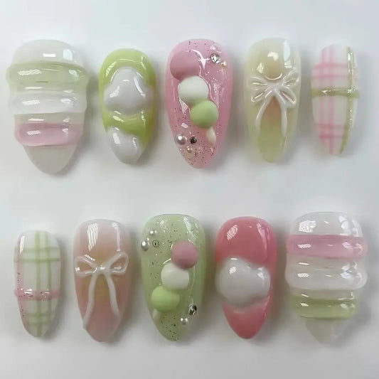 10Pcs Handmade Manicure Medium Almond Fake nails 2024 New Pink Green  Limited Press On Nails Design with Adhesive Nail File Set